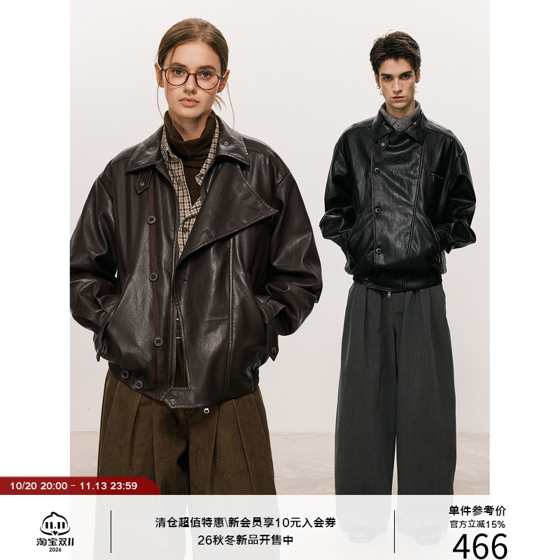 Lr Made 26Aw Irregular Doorstop Design Slanted Webbing Button Vintage Oversized Pu Leather Jacket Lr Made 26Aw Irregular Doorstop Design Slanted Webbing Button Vintage Oversized Pu Leather Jacket