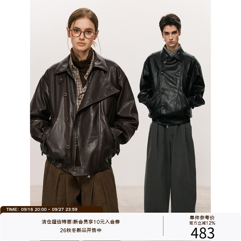 Lr Made 26Aw Irregular Doorstop Design Slanted Webbing Button Vintage Oversized Pu Leather Jacket Lr Made 26Aw Irregular Doorstop Design Slanted Webbing Button Vintage Oversized Pu Leather Jacket