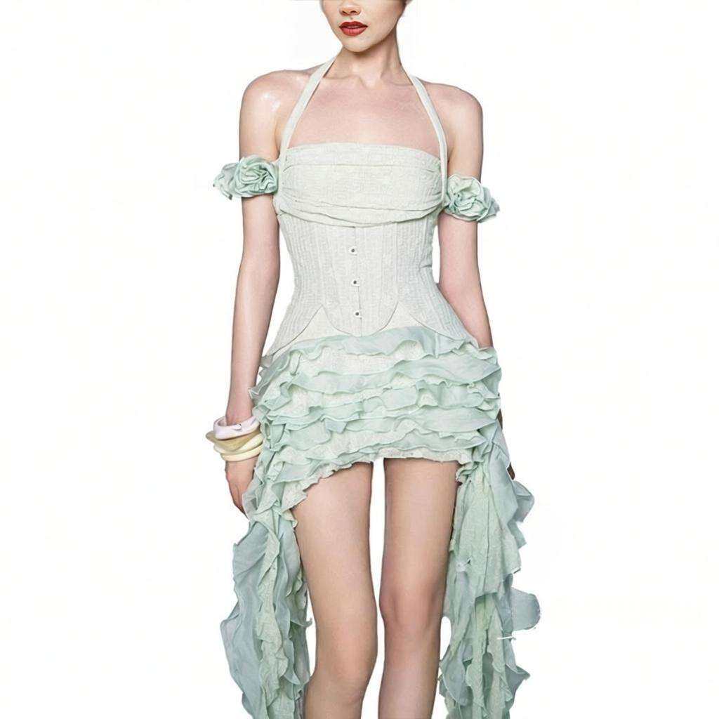 フォン・モティのベトナム風で、独特なデザインの、流れるようなホルターネックと不規則なタッセルが付いたロングドレスは、キム・ヒョナのスタイルに似ている。