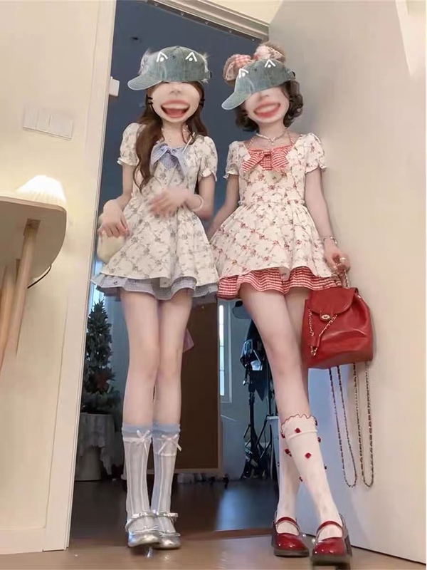 Japanese Sweet Style Bowknot Floral Princess Short Dress Summer Waist-Cinching Slimming Petite Plaid Patchwork Dress