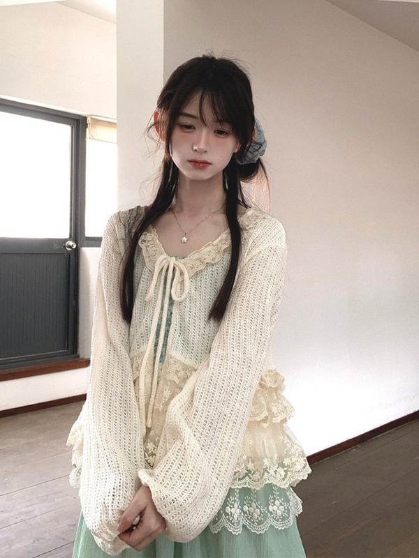 Sweet Short Coat, Knitted, Girly, Unique, Beautiful, Hollow Lace Trim, Lace-Up, Super Fairy-Like Sun Protection Cardigan