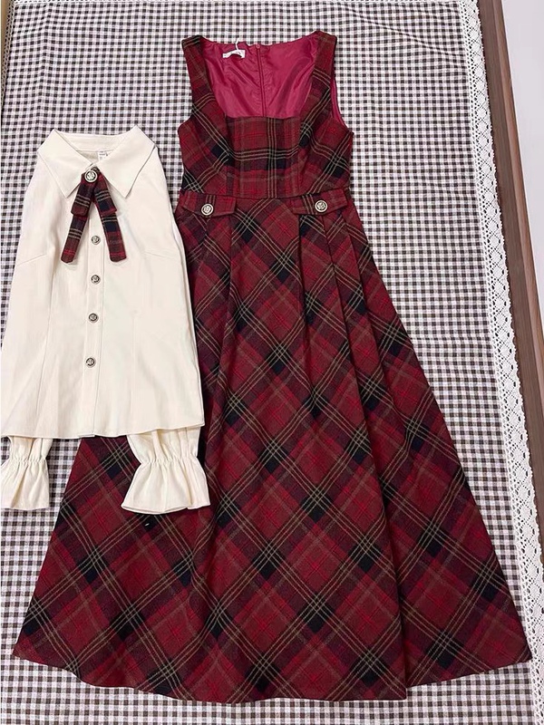 Christmas Autumn and Winter Complete Outfit, Preppy Style Red Vest Dress for Women + Apricot Top with Bow Tie