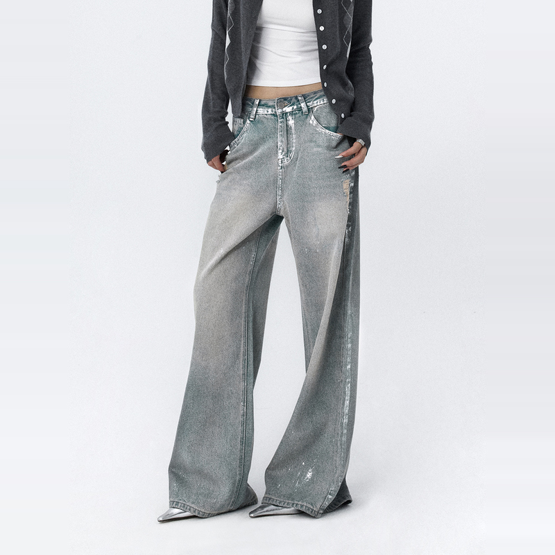Ourhour Hand-Embossed Silver Distressed Light Blue Loose Wide-Leg Flared Jeans Women's Spring Designer Pants