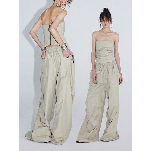 ourhour gravel pleated tube ເທິງຂາກ້ວາງ workwear parachute pants ແມ່ຍິງ summer ການອອກແບບຊຸດບາດເຈັບແລະ