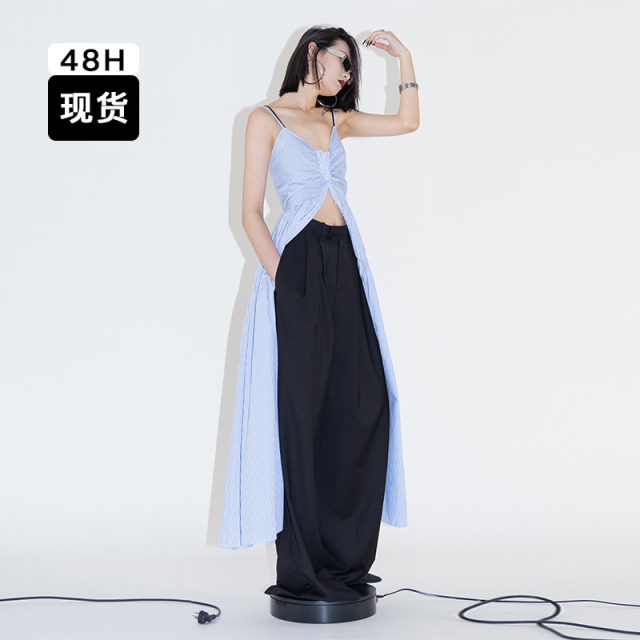 ourhour backless high waist placket style single-breasted button pleated sling dress women's summer design sense long skirt