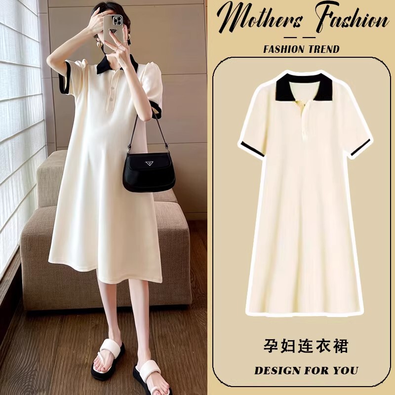 British Dhwa Maternity Wear Summer Thin Dress Polo Collar Mid-Length Loose Slimming Belly-Covering Hot Mom Dress