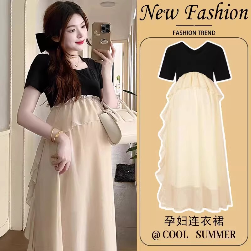 British Dhwa Maternity Wear Summer 2026 New Fashion Casual Loose Sweet French Chiffon Patchwork Dress