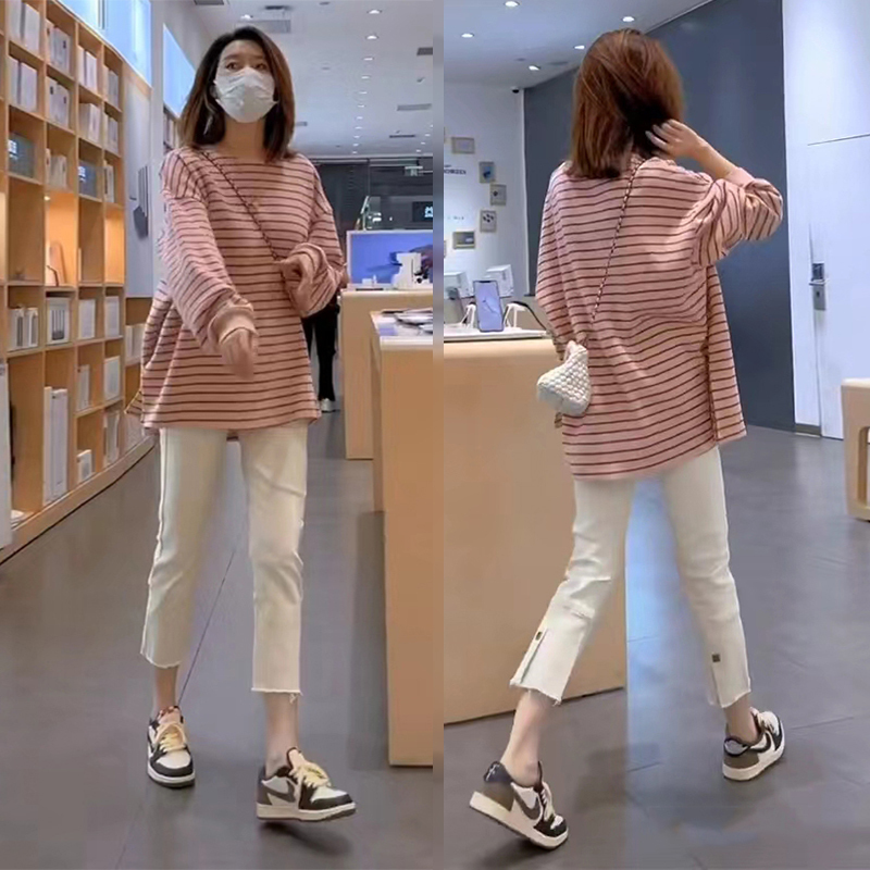 British Dhwa Maternity Wear Spring and Autumn New Sweatshirt Set Mid-Length Fashionable Striped T-Shirt Long Sleeves Cover the Buttocks