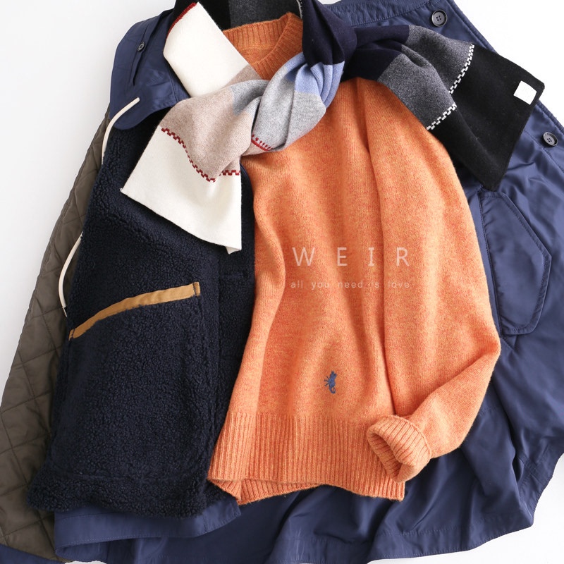 Threedays High-End Cleanfit Solid Color Embroidered Seahorse Merino Round Neck Colorful Wool Knit Sweater