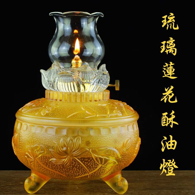 Glass Lotus Su oil lamp for Buddha lamp God of Wealth Buddha Hall liquid butter lamp Buddha Hall Guanyin Changming lamp household windproof