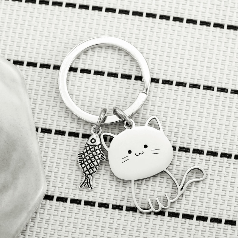 New Japanese-Style Cat Eating Fish Stainless Steel Keychain Cute Cartoon Cat Pendant Couple Keychain