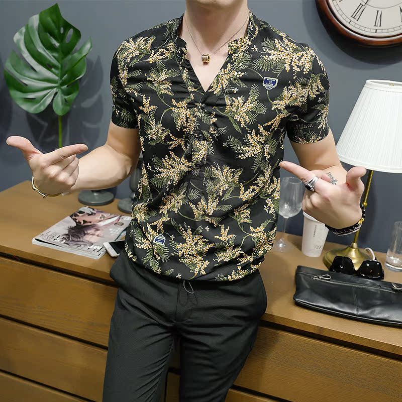 夏季新款短袖花衬衫男立领衬衣夜店修身印花寸衫潮流男士花色衬衫