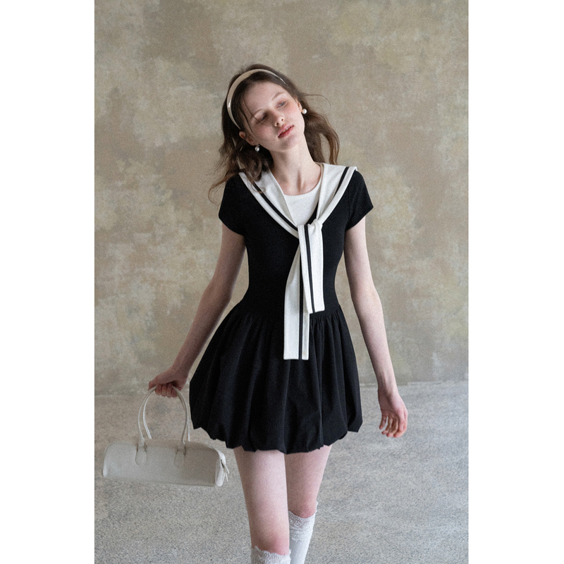 Eggka Navy Collar Shawl Color-Block Short-Sleeve Floral Dress for Women, Summer College Style Black Petite A-Line Short Skirt