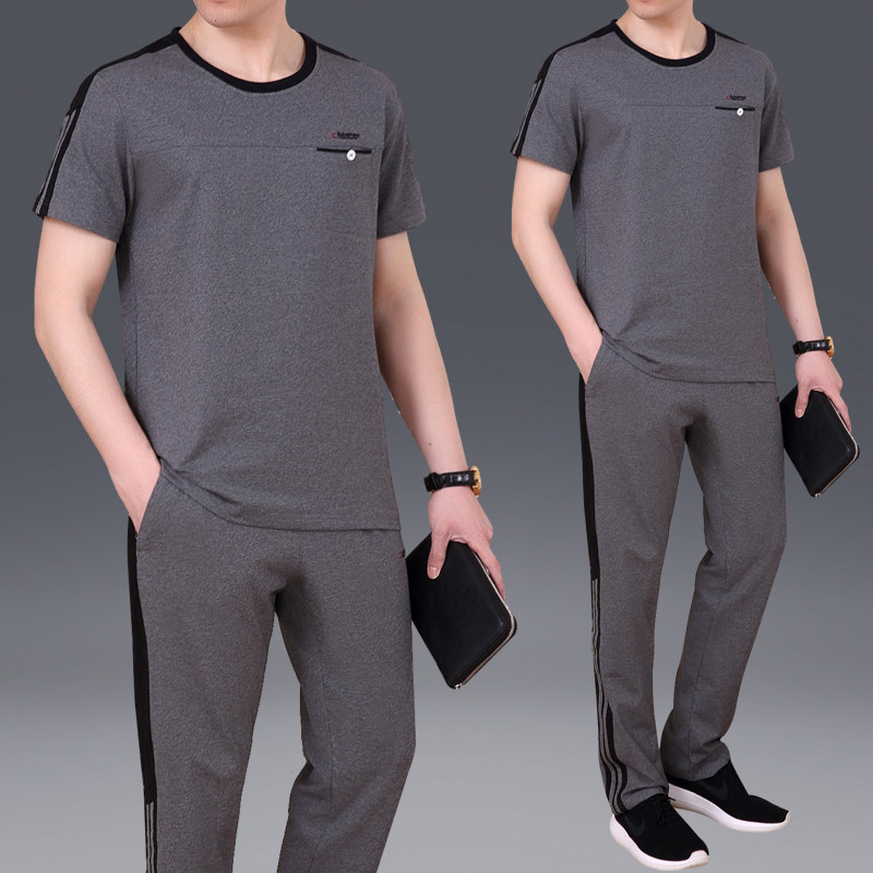 Middle-aged sports suit Men's summer short-sleeved trousers pure cotton round neck casual running suit Large size loose two-piece set