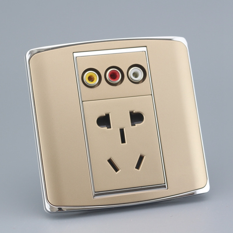 Type 86 Champagne Golden AV Audio-video Socket Red Yellow White Triple Lotus Color Difference Audio Five-Hole Panel