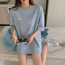 Solid color short-sleeved t-shirt womens 2021 new medium-long Korean version loose foreign style fashion summer net red top clothes