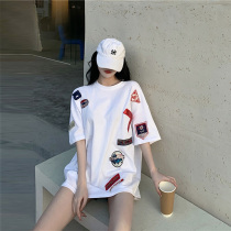 Medium and long design sense niche short-sleeved t-shirt womens summer 2021 new European goods loose half-sleeve casual top