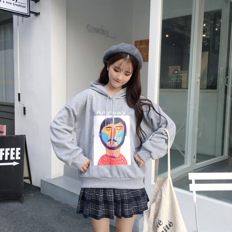 VK旗艦店 韓系抽象畫人物紋印花連帽T恤套頭長袖上衣