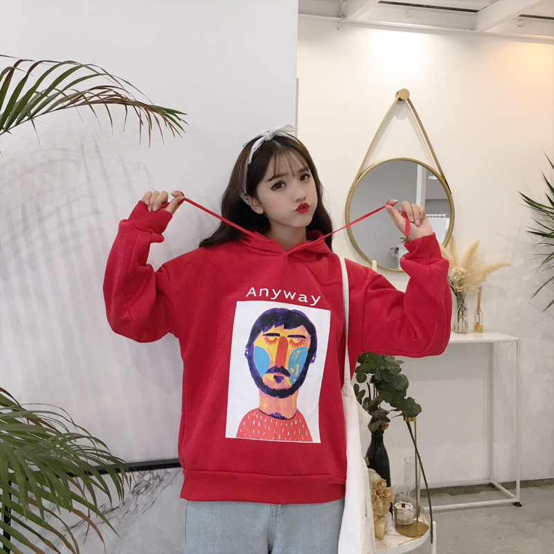 VK旗艦店 韓系抽象畫人物紋印花連帽T恤套頭長袖上衣