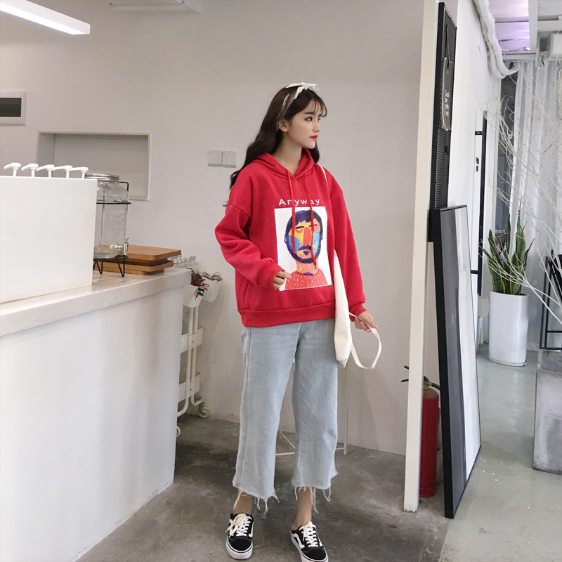 VK旗艦店 韓系抽象畫人物紋印花連帽T恤套頭長袖上衣