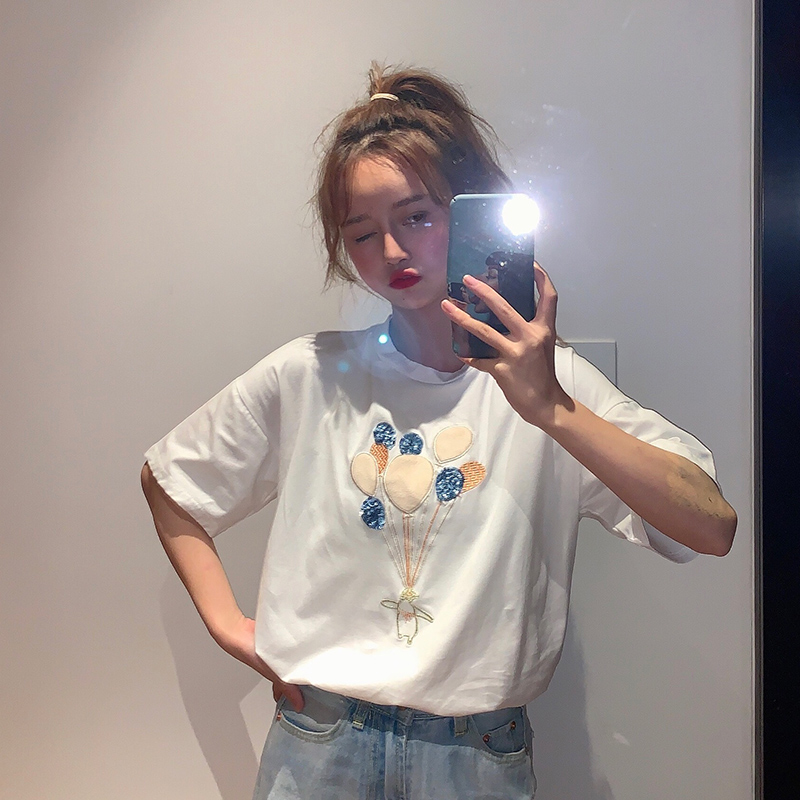 Real shot short sleeve T-shirt women's summer 2021 new Korean tide thorn embroidered top large women's clothing