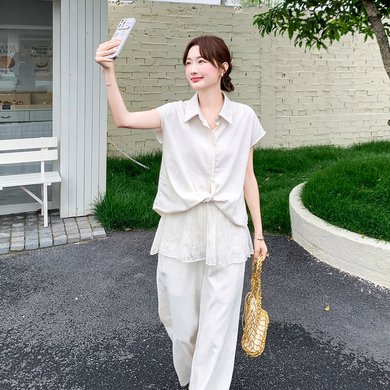 Off-White Waist-Cinching Shirt Suit for Women, New Summer Korean Style, High-End Old Money Style, Elegant Wide-Leg Pants Two-Piece Set
