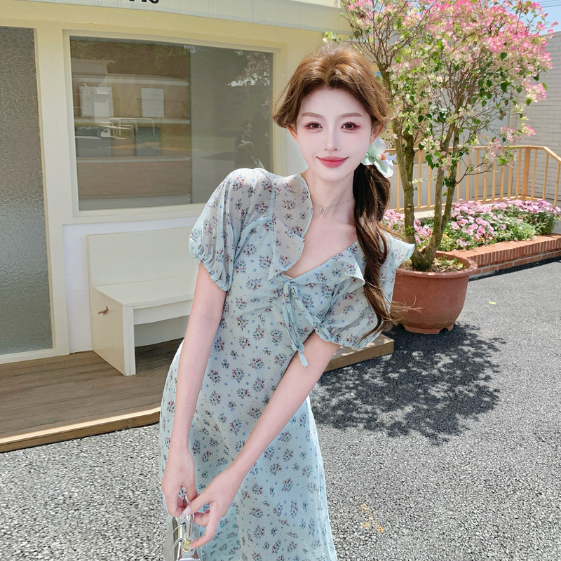 Blue Floral Ruffle Dress, New Summer Style, French Gentle Style, Super Pretty, Slimming, V-Neck Long Dress