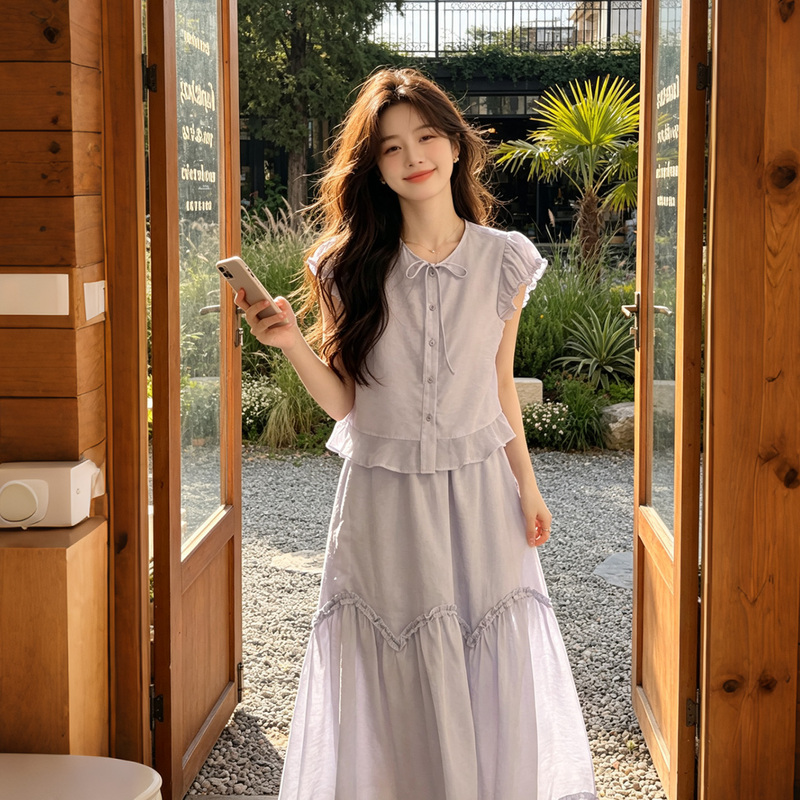 French Gentle Style Lace-Up Shirt Suit for Women, New Summer Style, Sweet, Loose and Slimming Top and Skirt Two-Piece Set