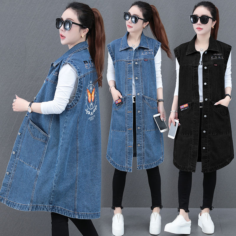 Mid-Length Vest Jacket 2024 New Versatile Fashionable Denim Vest for Women Korean Style Loose Hooded Sleeveless Outerwear