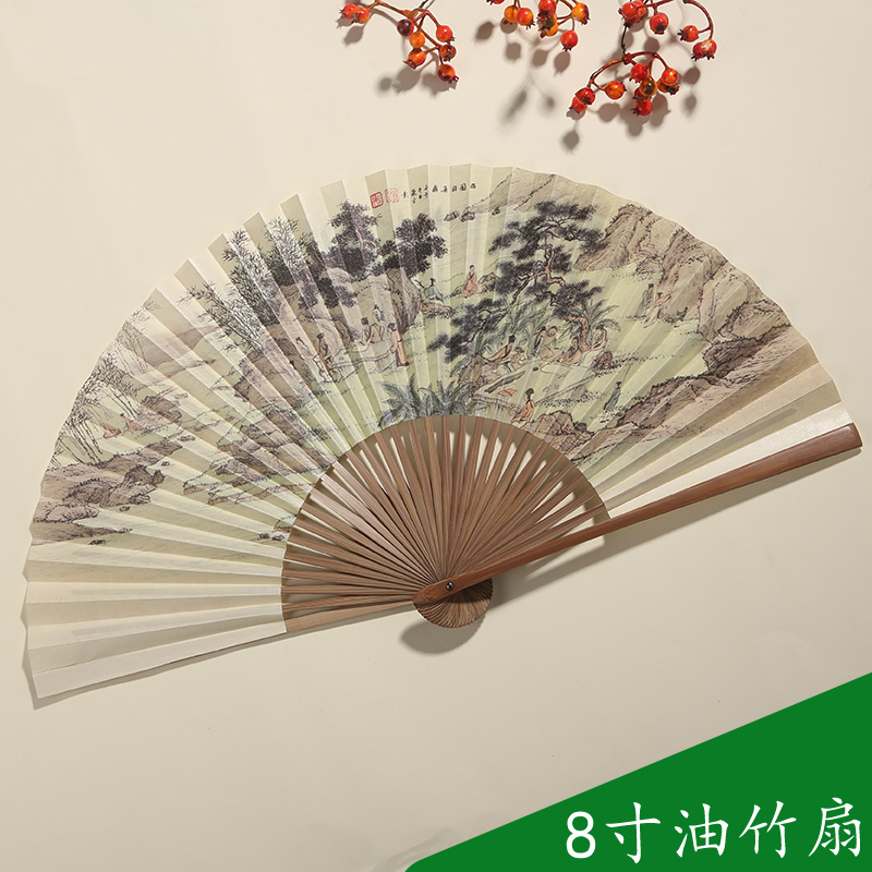 8 inch oil bamboo paper fan Bamboo Fan folding fan Xuan paper fan painting Chinese wind male fan wine to fan the trampoline retro Han
