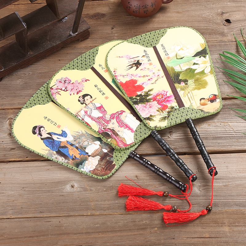 Vintage double-sided pattern palace fan group fan Square antique court fan Banana fan Dance fan Chinese style prop fan