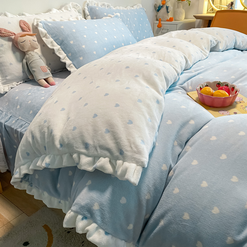 Thickened Warm Milk Suede Bed Four Pieces Of Crystal Suede Double Face Suede Covered Coral Suede Princess Wind Non-slip Bedsheet