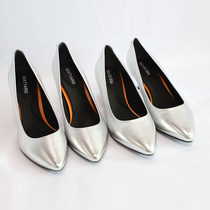 Black Comfort Soft Leather Shoes Fine Heel Woman Tooling Shoes Flight Attendant High Heel Shoe Bank Working Shoes Sharp Mouth Single Shoe Silver