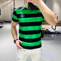 2020 Summer new European men mens stripe print short sleeve T-shirt Tide brand personality fashion trend slim half sleeve
