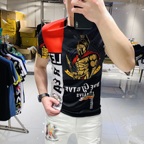 Summer new personality trend slim net red handsome round neck pullover Tide brand printing hot drill short sleeve t shirt mens tide