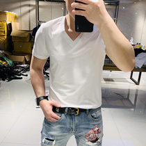 2021 summer new solid color slim mens Big V collar T-shirt fashion young handsome mercerized cotton short sleeve tide