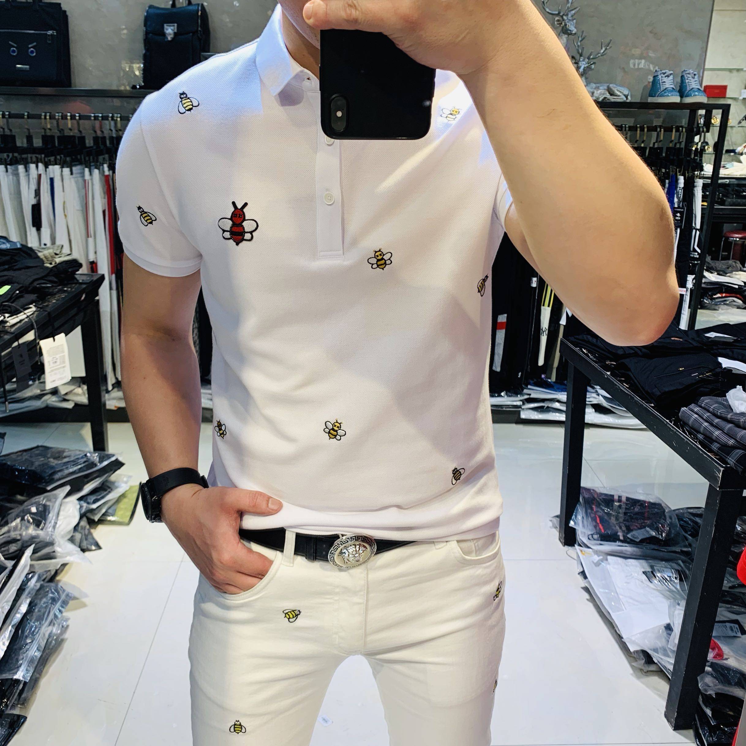 Summer New European And European Trend Fashion Business Casual Honeybee Embroidered polo shirt male turn T-shirt short sleeve