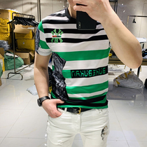 2020 mercerized cotton European station high end stripe print short sleeve T-shirt personality fashion trend slim half sleeve