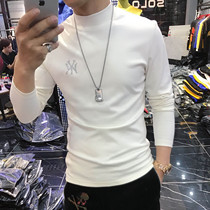 2021 winter new elastic slim long-sleeved t-shirt plus velvet hot diamond tide brand casual handsome stand-up collar base shirt men