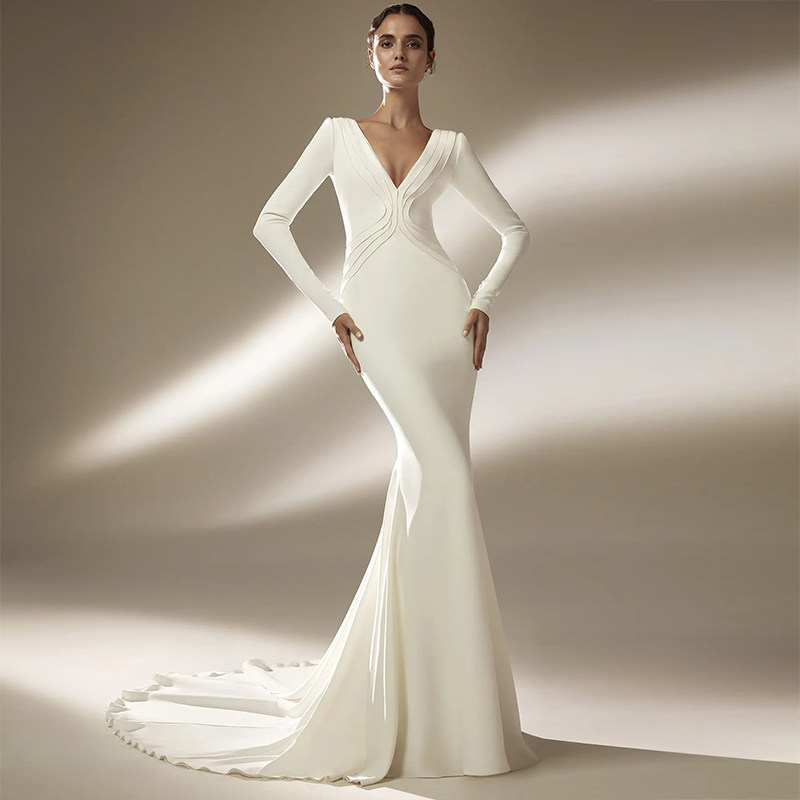 Suzhou Wedding Customized Same Same Same - Sleeve 2023 Spring - summer New Long - sleeved V - collar Satin Satin