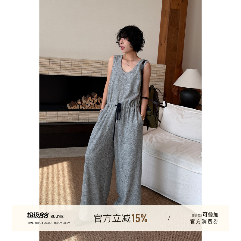 Buuyie Drawstring Waist Jumpsuit Women's Summer Sleeveless Wide-Leg Jumpsuit Buuyie Drawstring Waist Jumpsuit Women's Summer Sleeveless Wide-Leg Jumpsuit