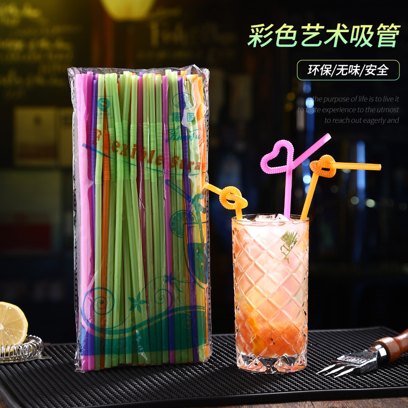 Disposable Art colored straw bar utensils cocktail straw juice drink curved straw black straw