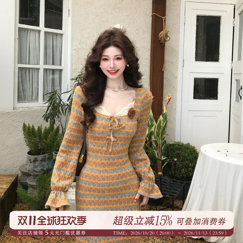 Shishi Does Not Feel Emo【Orange Sea】French-Style Lazy Lace Square-Neck Waist-Cinching Mid-Length Fishtail Dress for Autumn Shishi Does Not Feel Emo【Orange Sea】French-Style Lazy Lace Square-Neck Waist-Cinching Mid-Length Fishtail Dress for Autumn