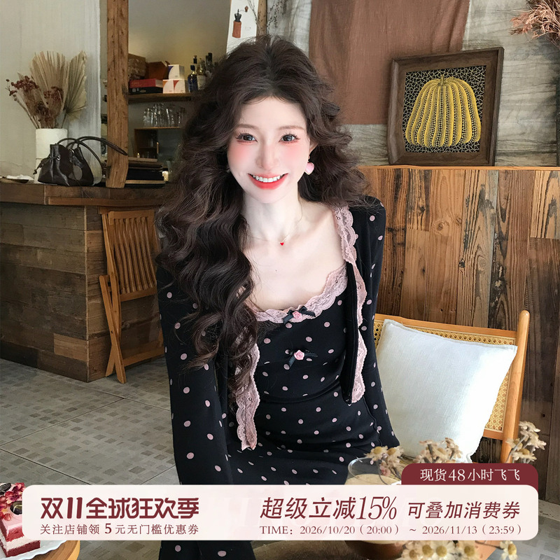 Shishi Does Not Feel Emo【Soft Dream Evening】French Cardigan Polka Dot Suit Lace Splicing Retro Slimming Dress