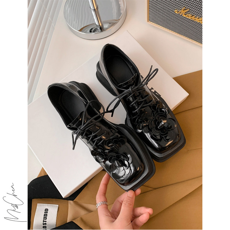 Miss Morning is a fairy ~ Flower strap tie head thick soled leather shoes in thick heel Lefu single shoes