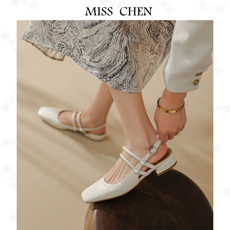 Miss Morning ) In the spring of 2022, coarse heel sandals paint pearl and retro Mary shoes