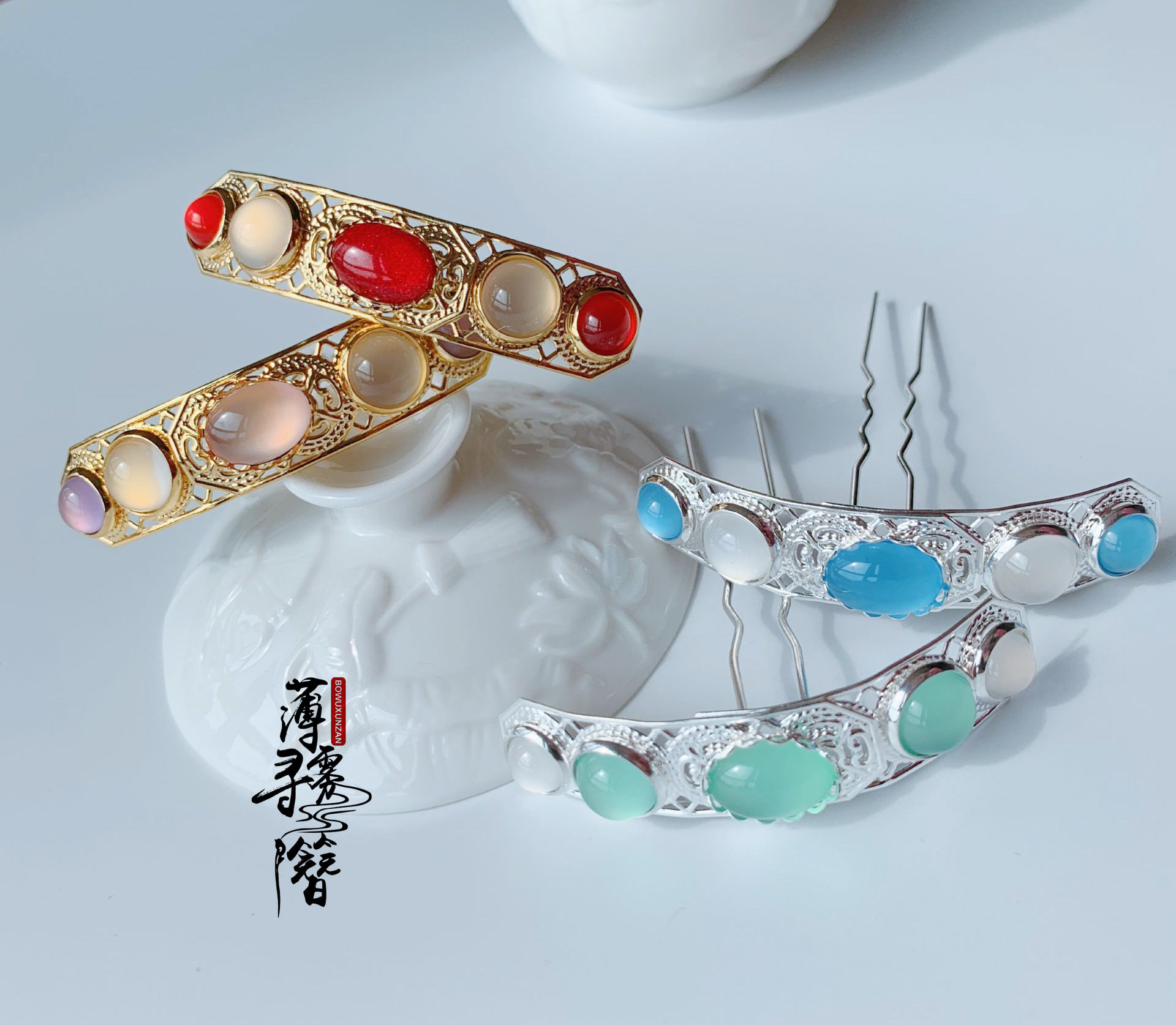 Misty looking hairpin new antiquity Hanfu headdress small hair crown hairpin flower tin retro top hairpin U hairpin multi-color optional