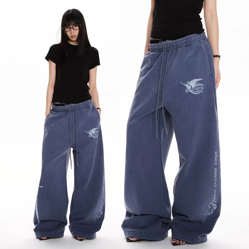 Apock American Retro Letter Print Drapey Distressed Casual Pants Unisex Baggy Street Wide-Leg Sports Sweatpants