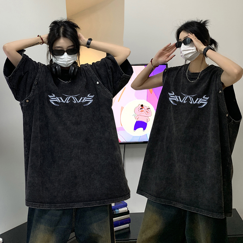 American-Style Heavy Washed Short-Sleeve T-Shirt for Men and Women, Loose Fit, Detachable Sleeves, Trendy Brand, Unisex Style, Sleeveless Tank Top