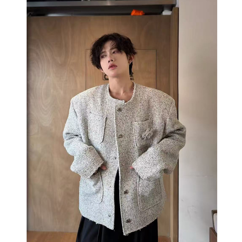 Spring 2026 Tweed Rose Brooch White Shoulder Pad Chanel-Style Jacket Unisex High-End Collarless Jacket